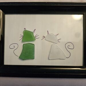 4x6  Green and White Sea Glass Cat Art